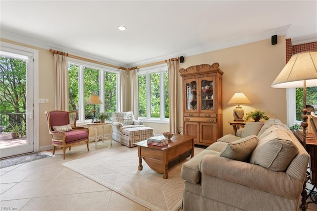 living room featuring crown molding, light tile patterned floors, and baseboards