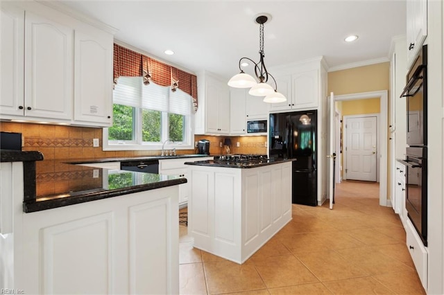 kitchen with decorative backsplash, light tile patterned flooring, white cabinetry, and black appliances