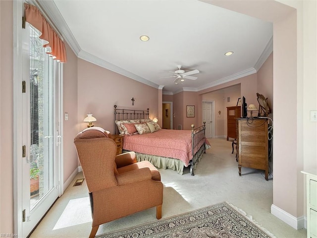 bedroom with crown molding, light colored carpet, access to exterior, a ceiling fan, and baseboards