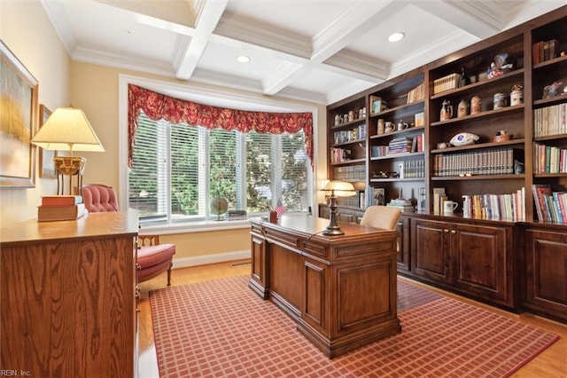 office area with crown molding, beam ceiling, recessed lighting, wood finished floors, and coffered ceiling