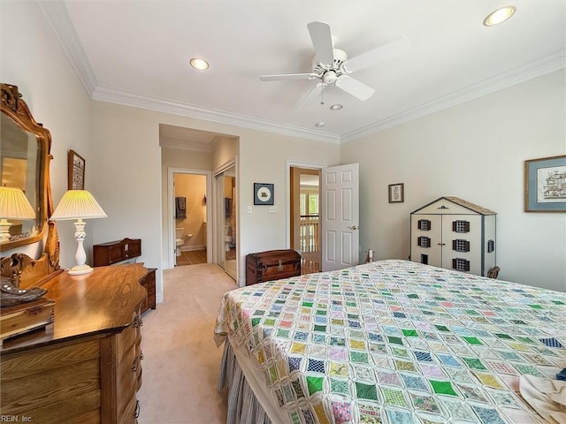 bedroom featuring crown molding, ensuite bathroom, light carpet, and recessed lighting