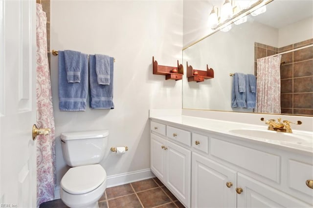 bathroom with vanity, toilet, baseboards, tile patterned floors, and a shower with curtain