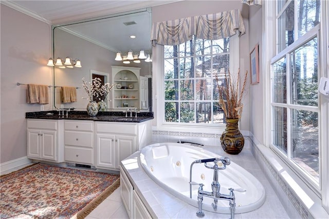 full bath with crown molding, double vanity, a tub with jets, and a sink