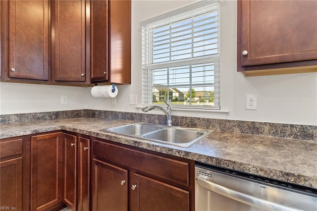 kitchen featuring a sink, dark countertops, and stainless steel dishwasher
