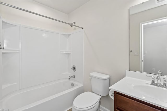 full bathroom featuring vanity, toilet, shower / bath combination, baseboards, and visible vents