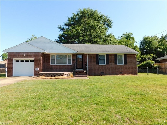 ranch-style home with crawl space, brick siding, fence, a front lawn, and an attached garage