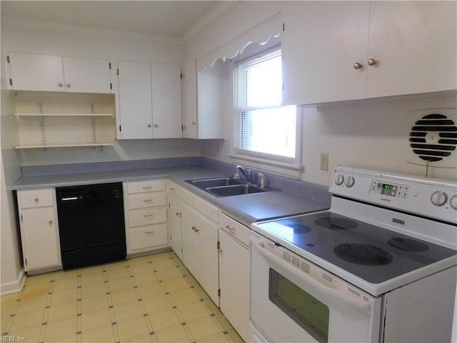 kitchen featuring white electric stove, dishwasher, a sink, light floors, and white cabinetry
