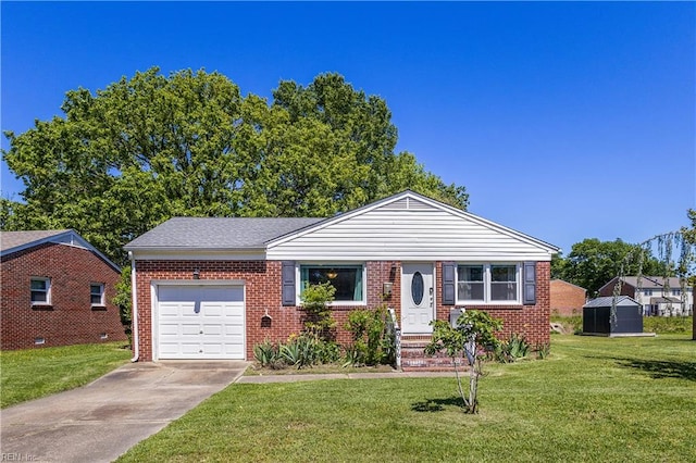 view of front of home with an attached garage, a front yard, brick siding, and concrete driveway