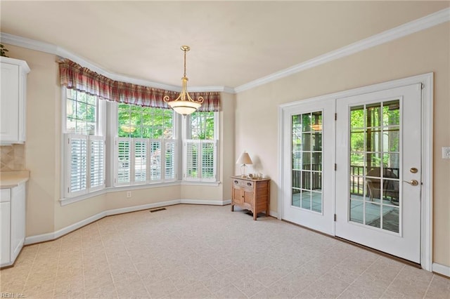 20639 Creekside Dr, Smithfield, VA 23430 - unfurnished dining area with baseboards, ornamental molding, and visible vents