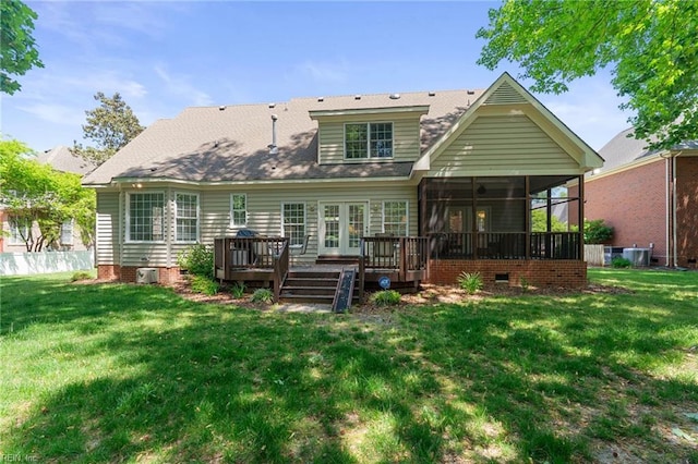 20639 Creekside Dr, Smithfield, VA 23430 - back of property with a sunroom, a lawn, a wooden deck, and crawl space