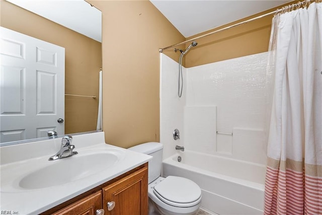 bathroom with vanity, shower / bathtub combination with curtain, and toilet