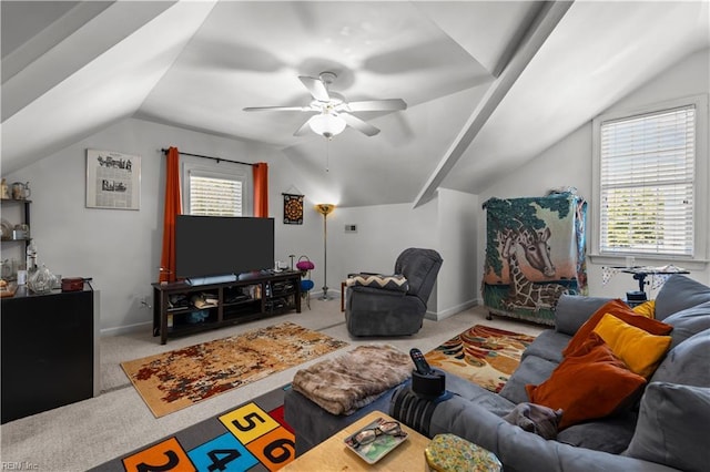 carpeted living room with visible vents, a ceiling fan, and vaulted ceiling