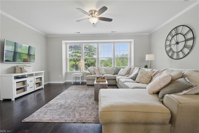 living area with crown molding, a ceiling fan, and dark wood-style flooring