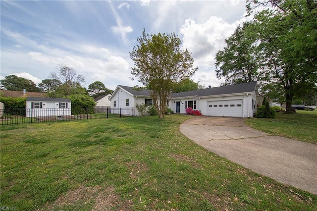 ranch-style house featuring a garage, a front lawn, fence, and concrete driveway