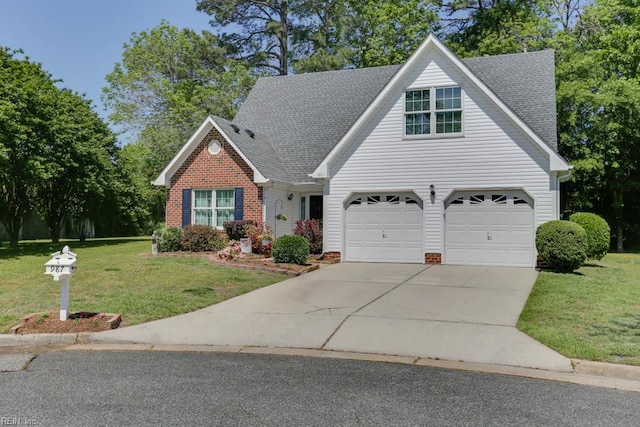 view of front of property featuring a shingled roof, concrete driveway, a front lawn, and brick siding