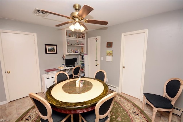 dining space featuring visible vents, a ceiling fan, and baseboard heating