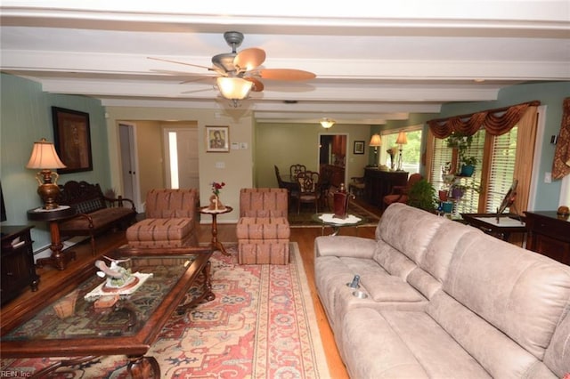 living area with beam ceiling, a ceiling fan, and wood finished floors