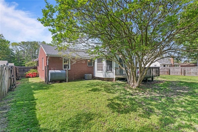100 Hudgins Rd, Poquoson, VA 23662 - view of yard with a deck, central AC, heating fuel, and a fenced backyard