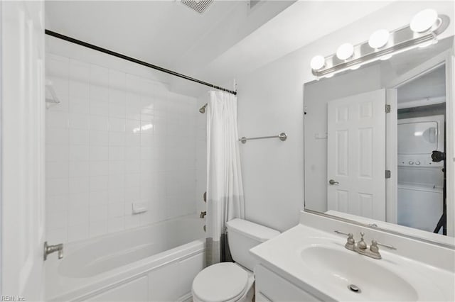 bathroom featuring toilet, visible vents, shower / bathtub combination with curtain, and vanity