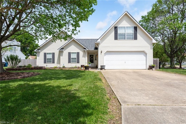 traditional-style house with a front yard, fence, concrete driveway, an attached garage, and a shingled roof