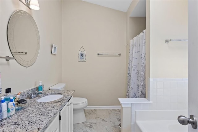 full bathroom featuring a bath, vanity, baseboards, toilet, and marble finish floor