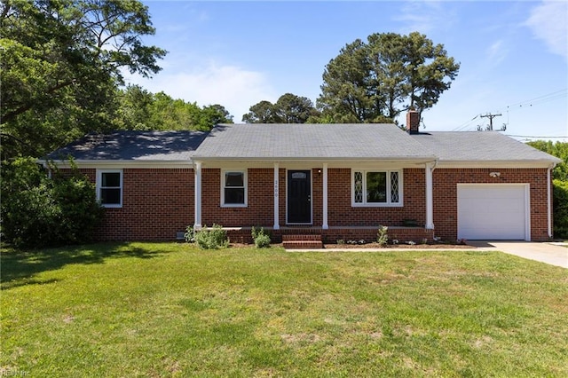 ranch-style house with driveway, a chimney, a garage, brick siding, and a front lawn