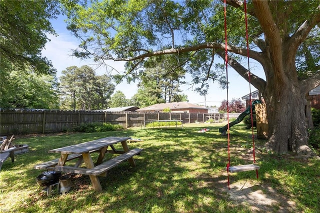 view of yard featuring a fenced backyard and a playground