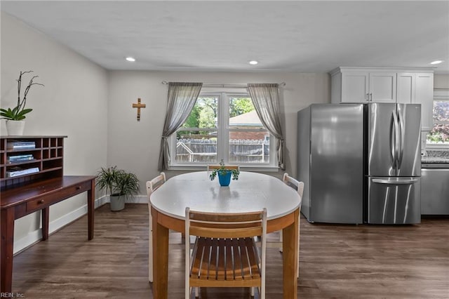 dining area featuring baseboards, recessed lighting, and dark wood-type flooring