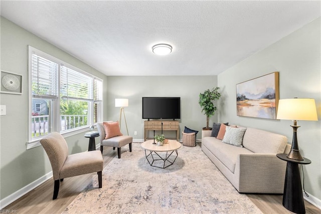 living room featuring baseboards, a textured ceiling, and wood finished floors
