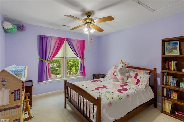 bedroom featuring baseboards, a ceiling fan, carpet, and visible vents