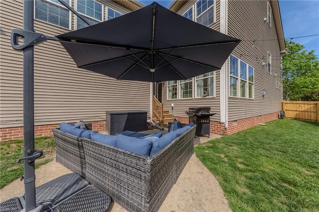 exterior space with a lawn, fence, an outdoor living space, and crawl space