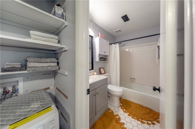 full bath featuring tile patterned flooring, vanity, toilet, shower / tub combo, and visible vents