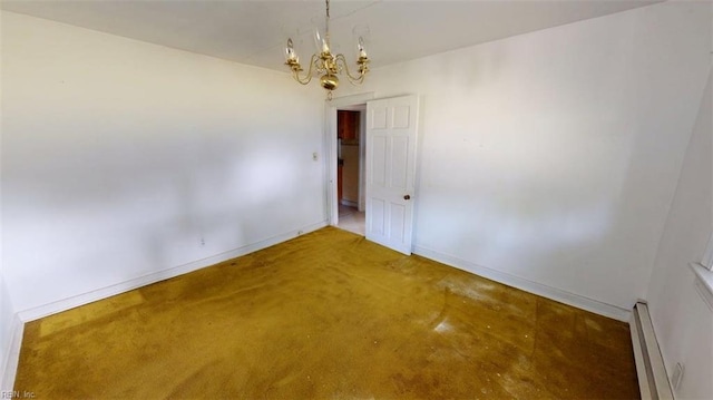 1233 Transylvania Ave, Chesapeake, VA 23324 - unfurnished dining area with baseboard heating, a chandelier, baseboards, and carpet floors