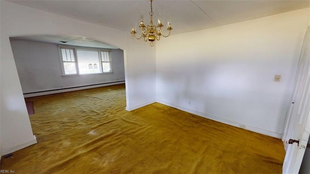 1233 Transylvania Ave, Chesapeake, VA 23324 - carpeted spare room featuring a baseboard heating unit, a chandelier, arched walkways, and baseboards