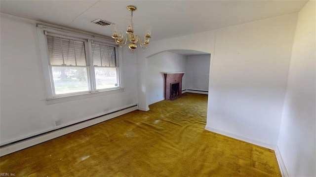 1233 Transylvania Ave, Chesapeake, VA 23324 - unfurnished dining area featuring a baseboard heating unit, arched walkways, a chandelier, and a brick fireplace
