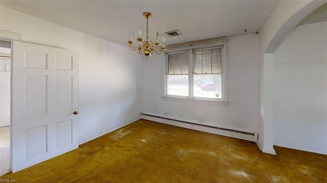1233 Transylvania Ave, Chesapeake, VA 23324 - unfurnished dining area with baseboard heating, a chandelier, concrete flooring, arched walkways, and baseboards