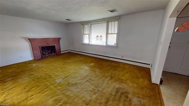 1233 Transylvania Ave, Chesapeake, VA 23324 - unfurnished living room with baseboard heating, a fireplace, carpet, and baseboards