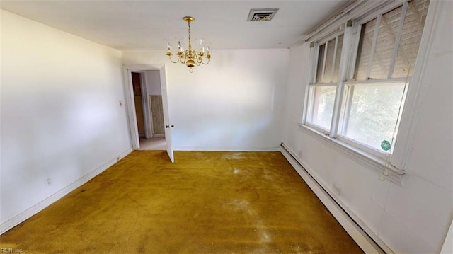 1233 Transylvania Ave, Chesapeake, VA 23324 - unfurnished dining area featuring a chandelier, baseboard heating, baseboards, and light colored carpet
