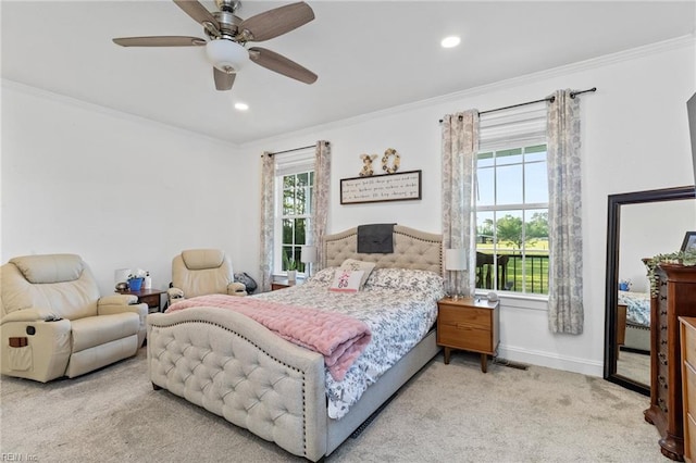 bedroom with crown molding, baseboards, carpet, and recessed lighting