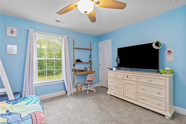 bedroom featuring visible vents, a ceiling fan, and baseboards
