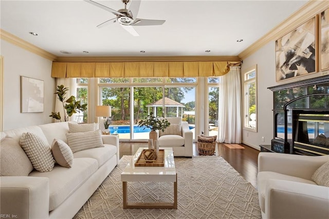 living room featuring ornamental molding, wood finished floors, a wealth of natural light, and a fireplace