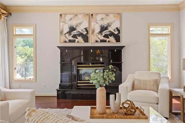 living area featuring baseboards, a glass covered fireplace, ornamental molding, and wood finished floors