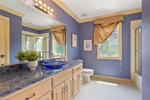 bathroom featuring an enclosed shower, vanity, toilet, and visible vents