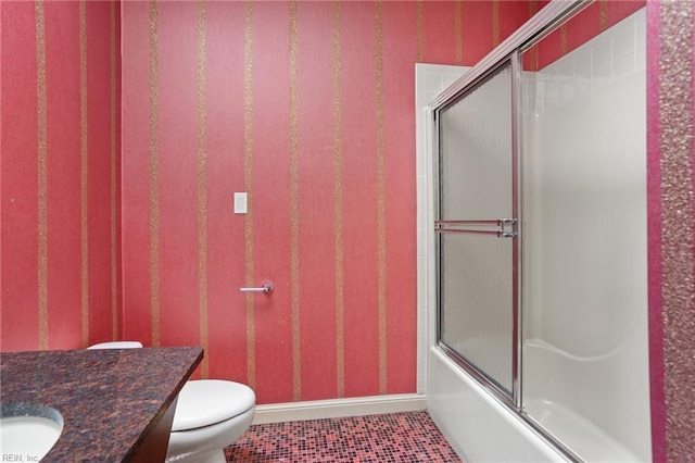 bathroom with tile patterned flooring, toilet, enclosed tub / shower combo, wallpapered walls, and baseboards