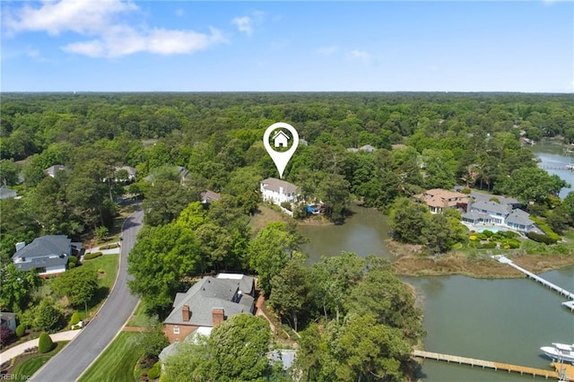 bird's eye view featuring a water view and a wooded view