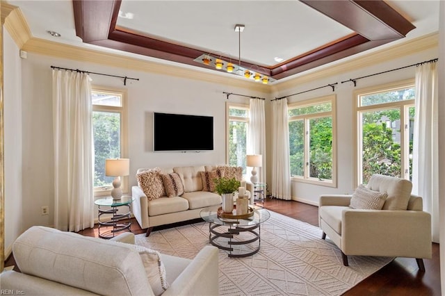 living area with plenty of natural light, a raised ceiling, and ornamental molding