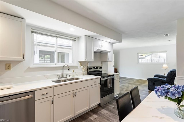 kitchen with dark wood-style flooring, appliances with stainless steel finishes, a sink, light countertops, and under cabinet range hood
