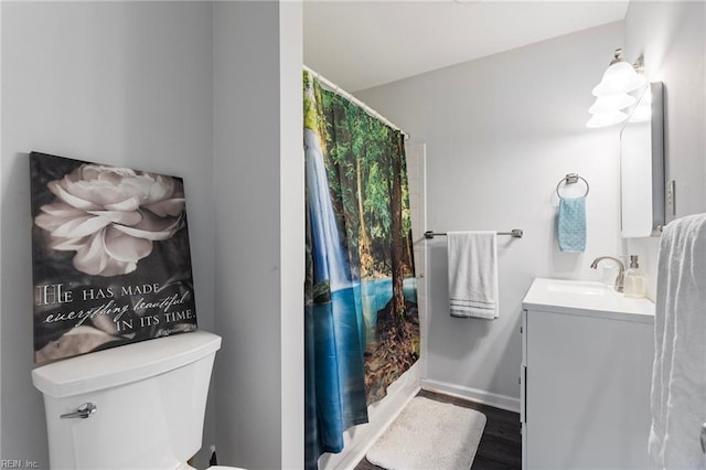 bathroom featuring toilet, curtained shower, wood finished floors, and vanity
