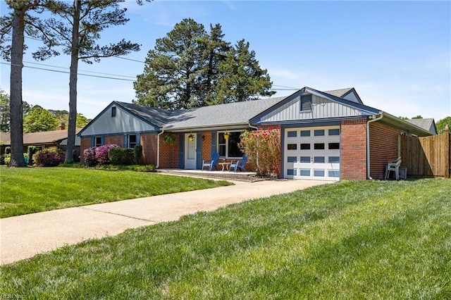 ranch-style house featuring brick siding, fence, a front lawn, concrete driveway, and an attached garage