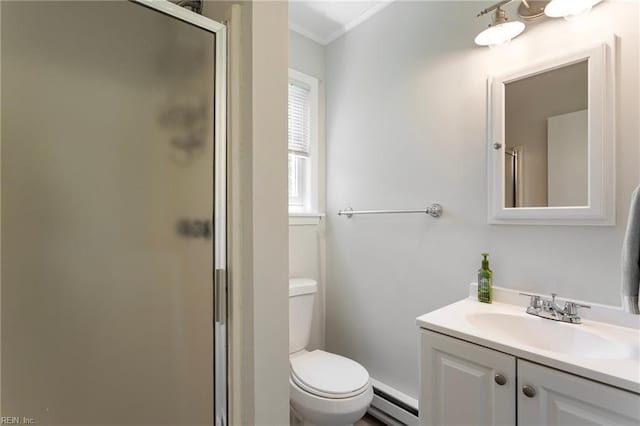 full bathroom featuring toilet, a baseboard heating unit, ornamental molding, and a shower stall